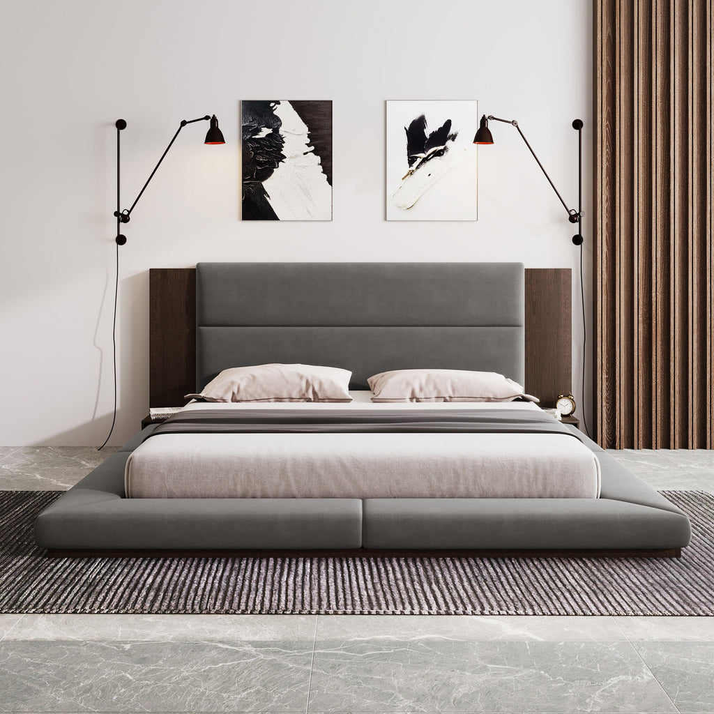 Floor Upholstered Platform Bed With Extended Headboard & Bedside Shelf