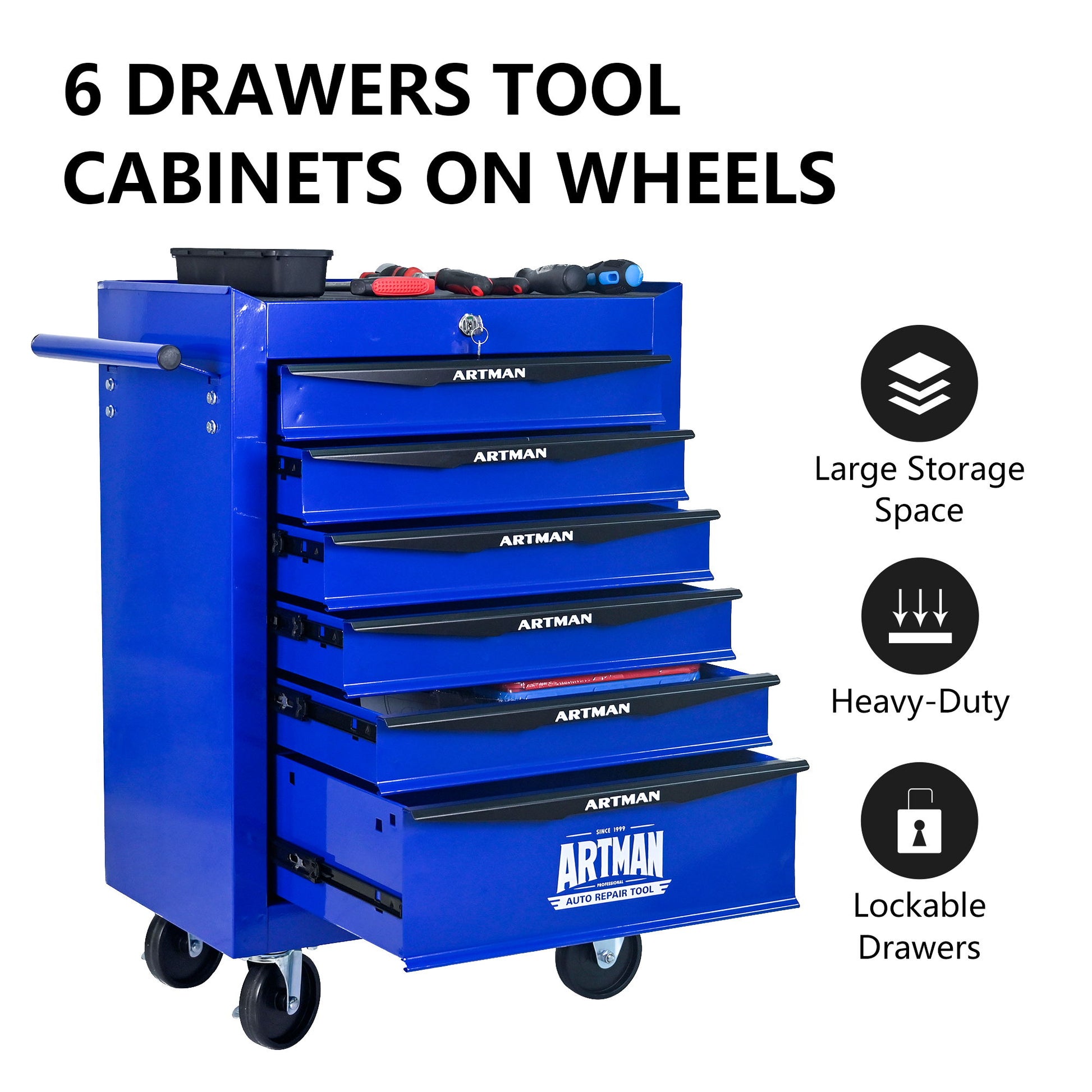 Rolling Metal Tool Chest With Drawers, Steel Storage Cabinet With Ball Bearing Slides