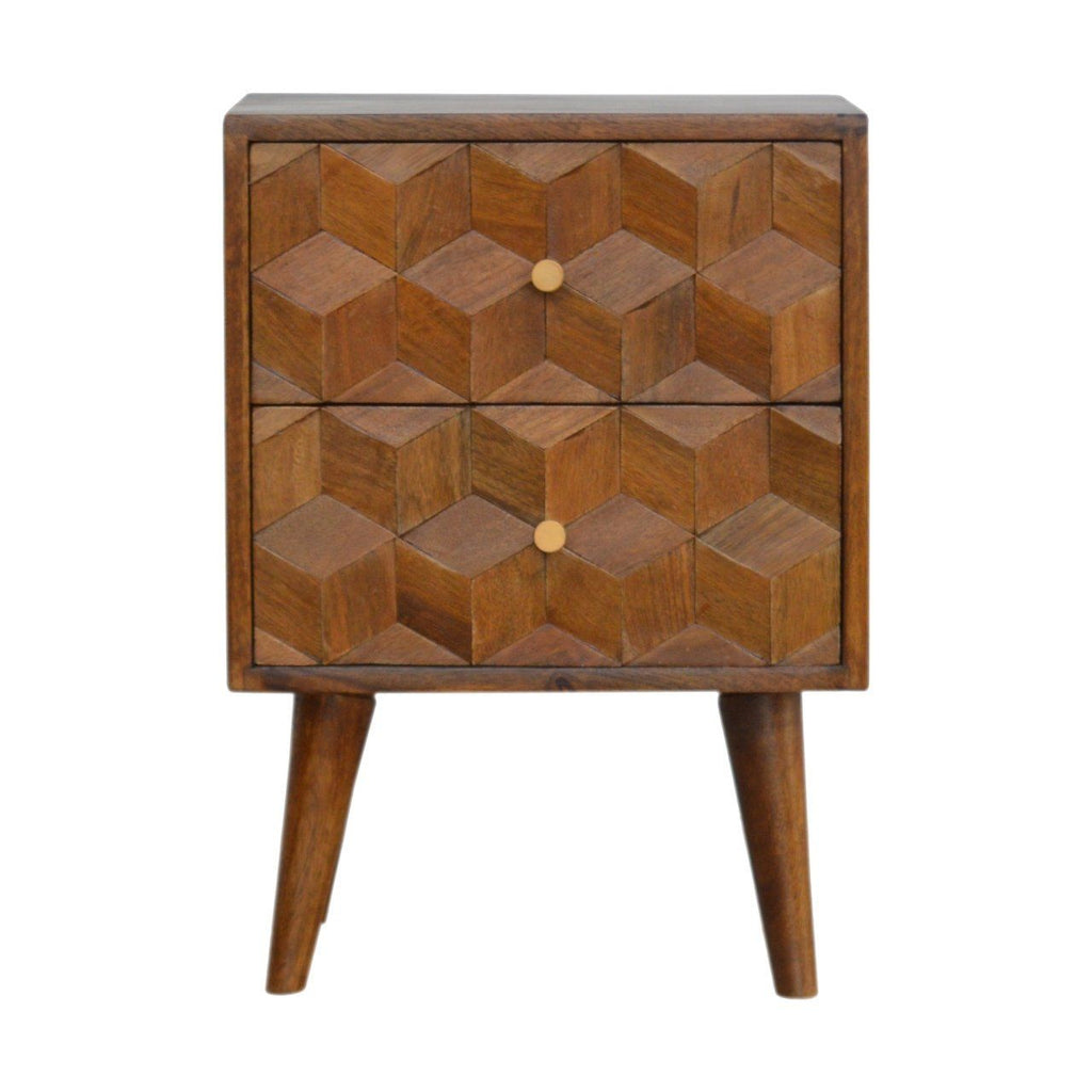 Cube Carved Bedside Table Nightstand - Chestnut