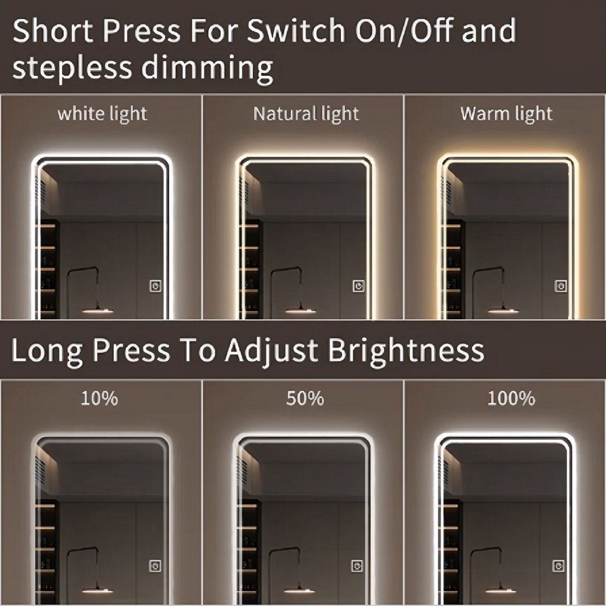 Full Length Floor Mirror LED Whole Body Mirror, Wall Mounted Hanging Mirror With Lights, Makeup Vanity Mirror, Bedroom Full Size Body Mirror With Dimming & 3 Color Modes - Clear