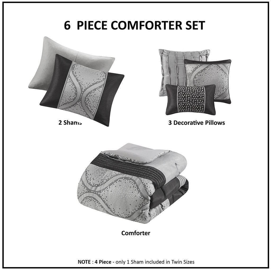 Lori - 6 Piece Jacquard Comforter Set With Throw Pillows - Black / Silver