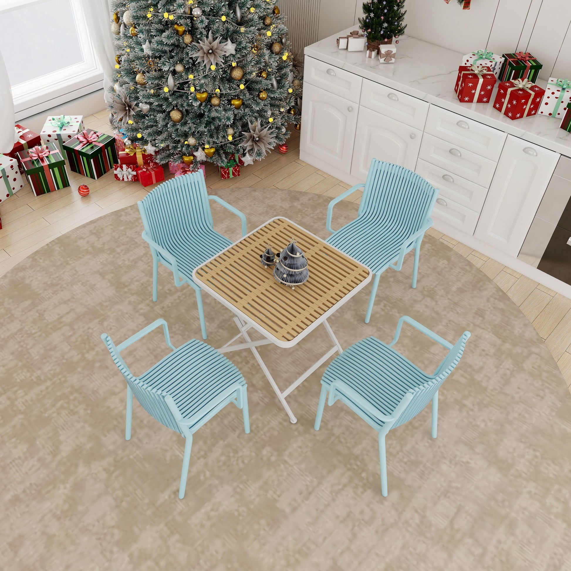 4 Modern Stackable Plastic Armchair Matched With Folding Square Table