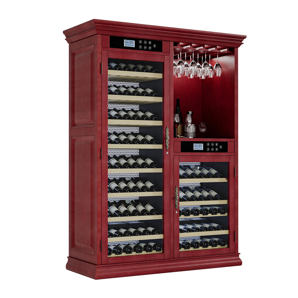 Wine Cooler With Dual Zone Temperature Control, Vacuum Insulated Door, LED Lighting, 158 Bottle Capacity - Cherry