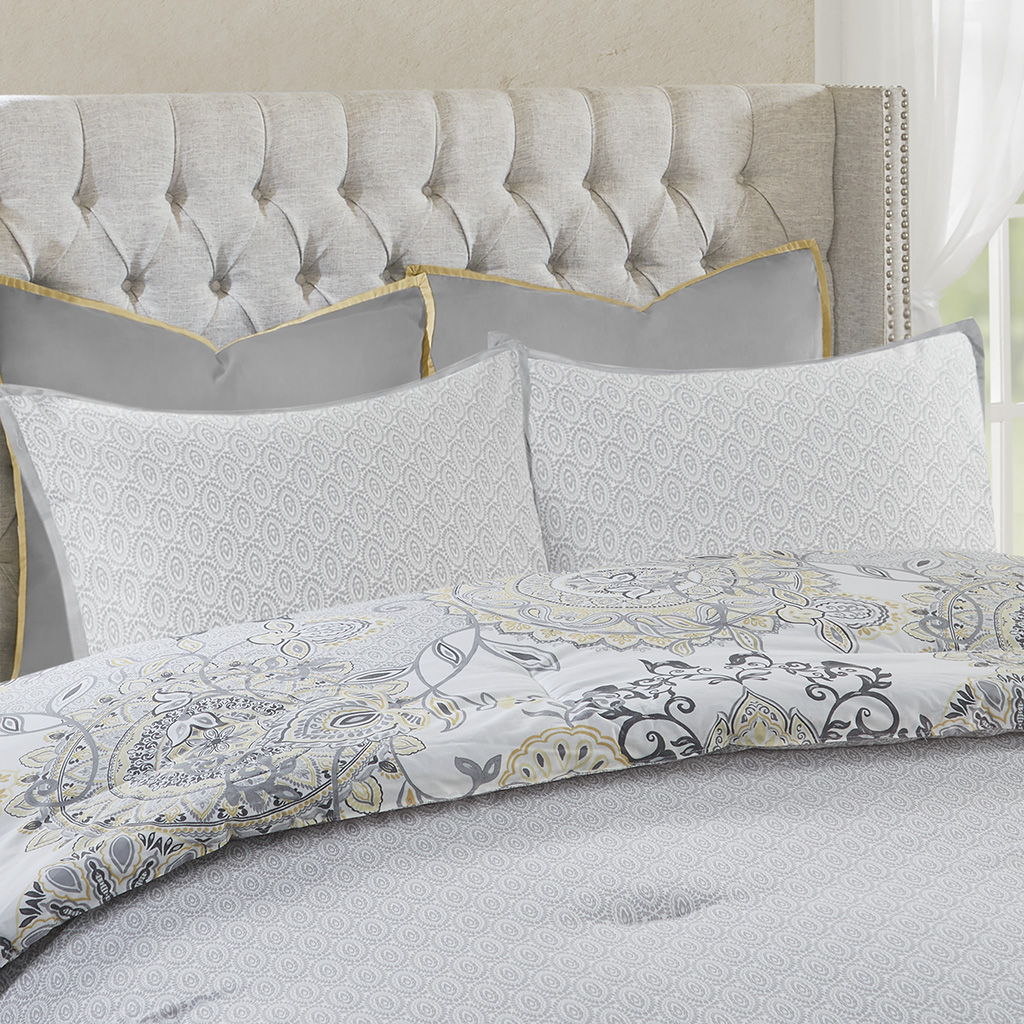 Isla - 8 Piece Cotton Floral Printed Reversible Comforter Set - Yellow