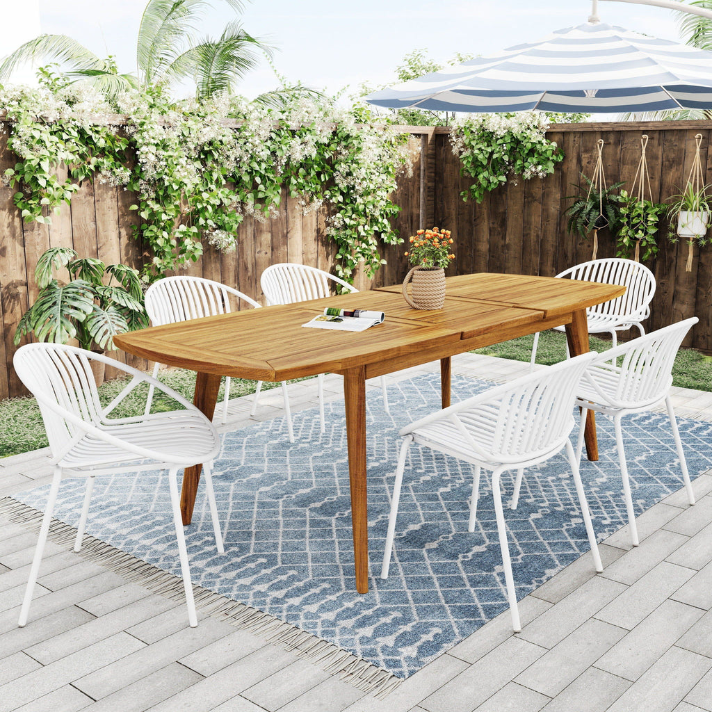 Modern Outdoor 7 Piece Expandable Dining Set With Stackable Chairs