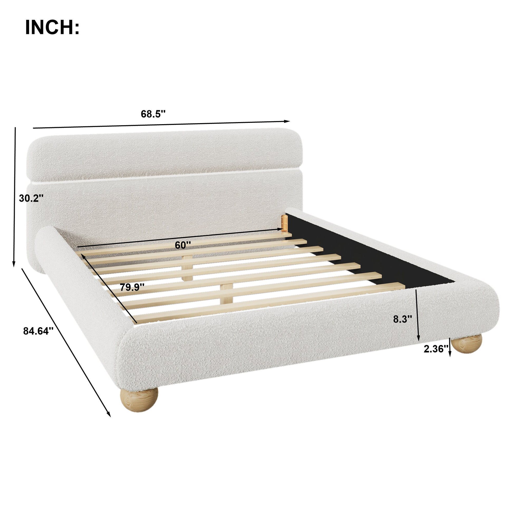 Queen Size Low Profile Upholstered Bed - White