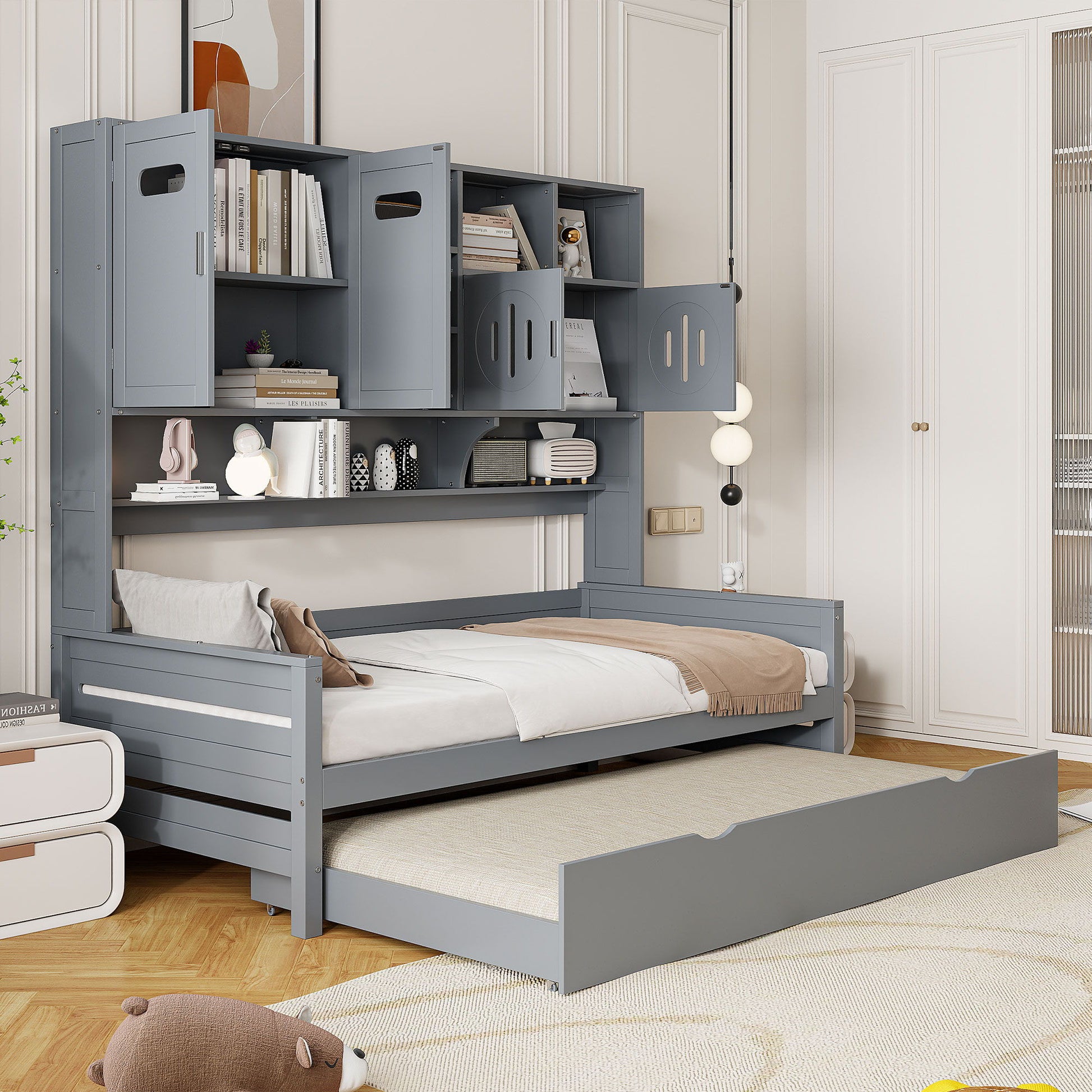 Daybed With All-In-One Cabinet And Shelf