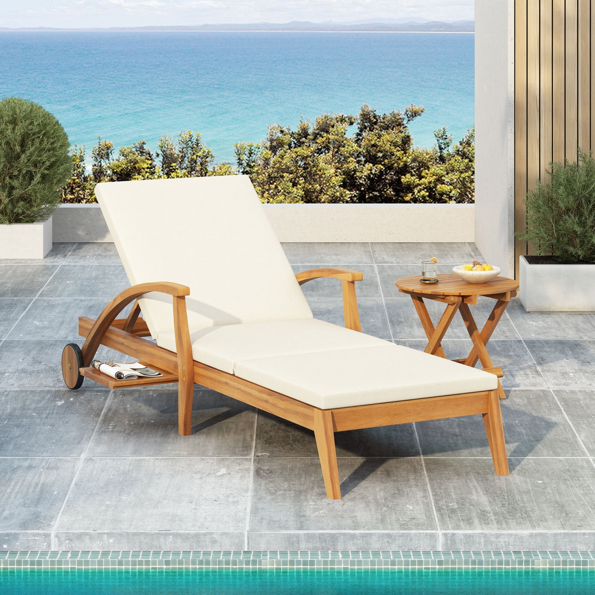 Versatile Chaise Lounge With Wheels Acacia Wood Recliner For Patio - Cream