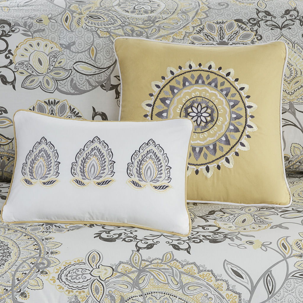 Isla - 8 Piece Cotton Floral Printed Reversible Comforter Set - Yellow / Gray