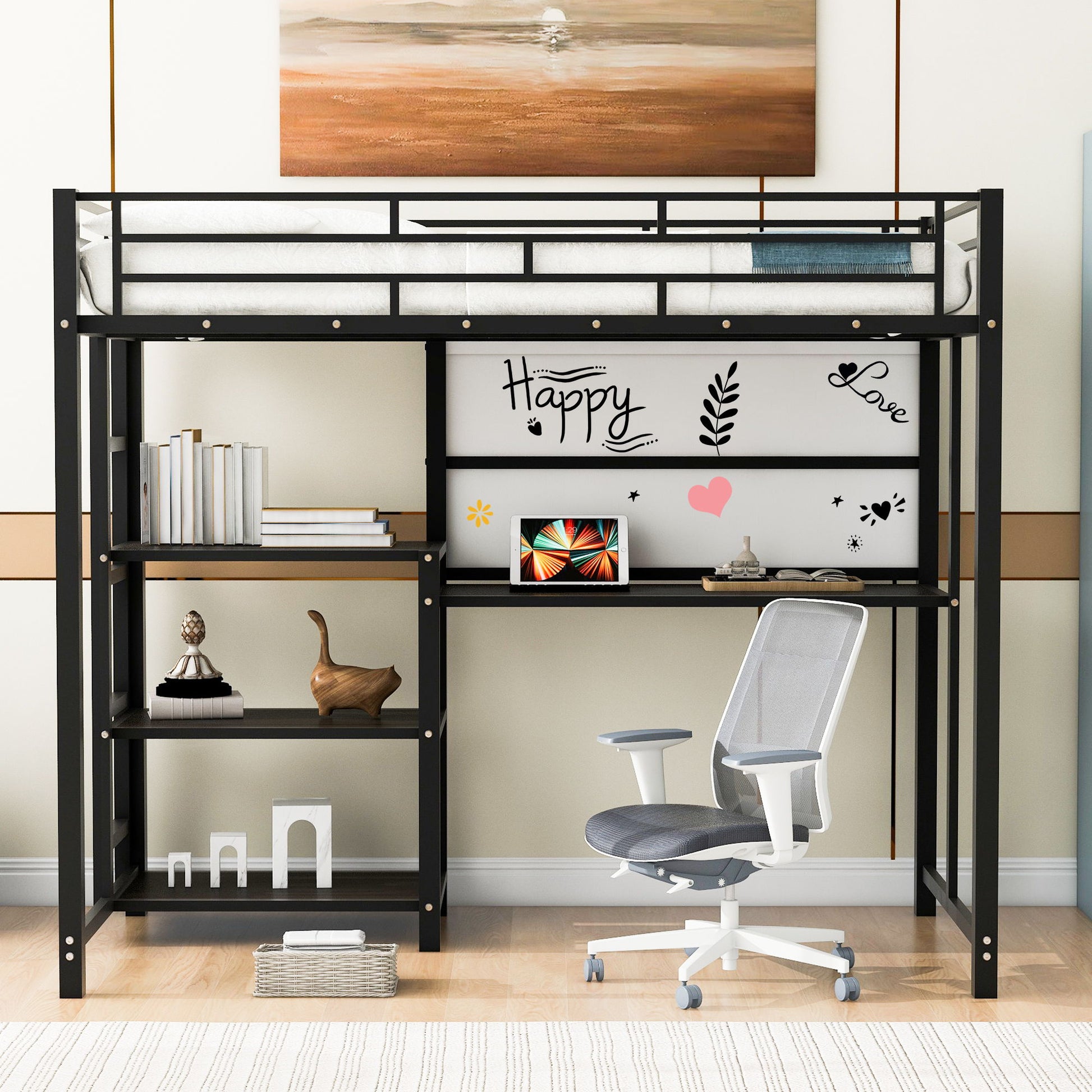 Metal Loft Bed With Desk, 3 Shelves And Ladder