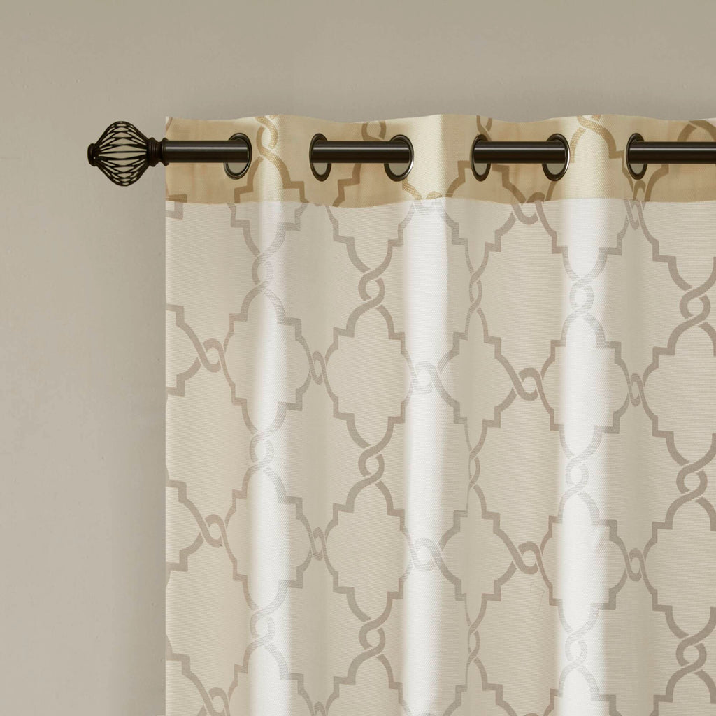 Saratoga - 95" Fretwork Print Grommet Top Window Curtain - Beige / Gold