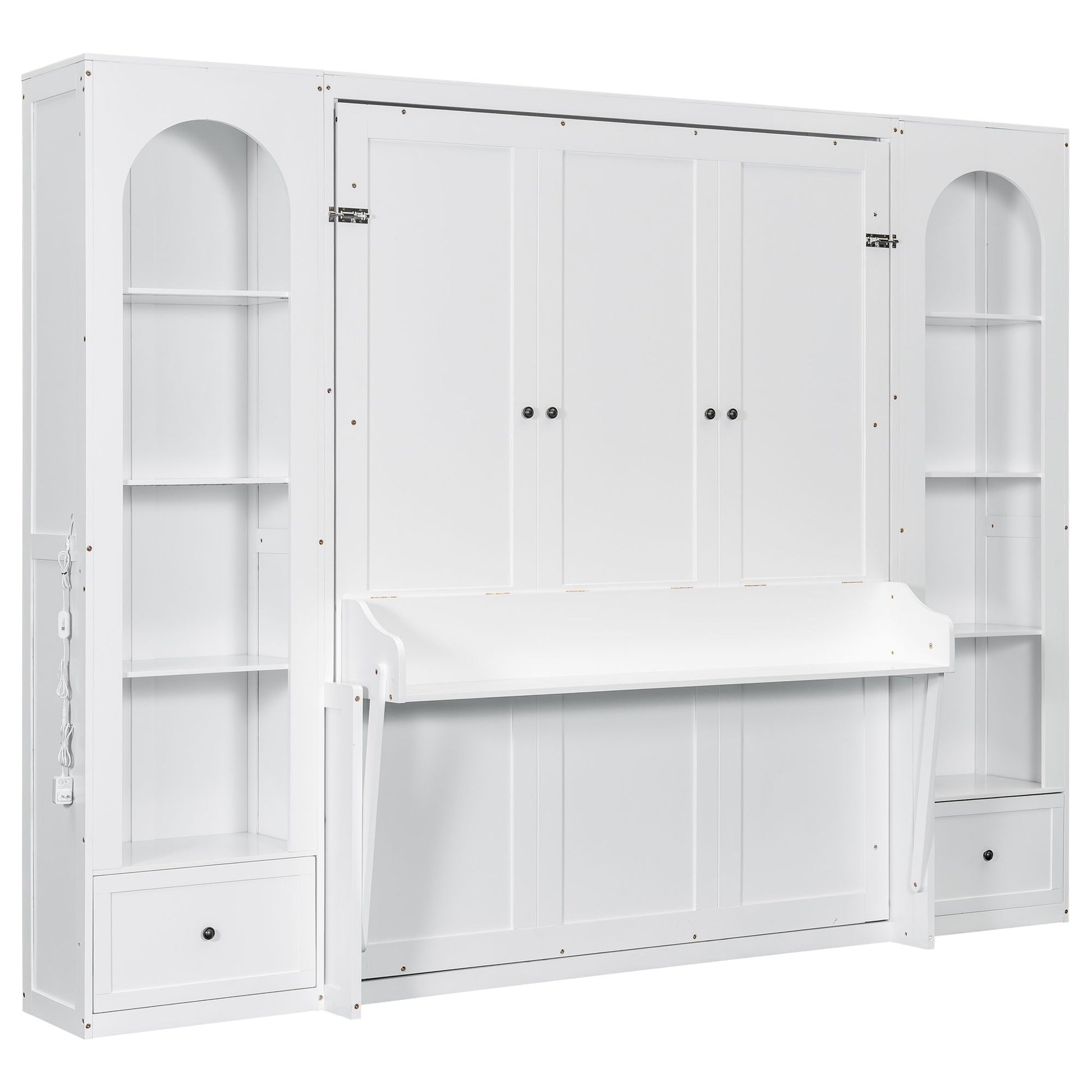 French Style Murphy Platform Bed With Shelf, Side Cabinets, Drawers And LED