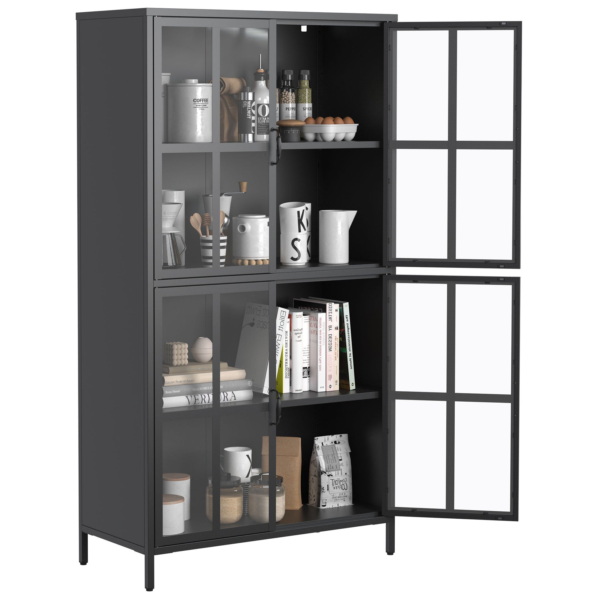 Premium Metal Storage Cabinet With Tempered Glass Doors, Adjustable Shelves, And Anti Tipping Device - Black