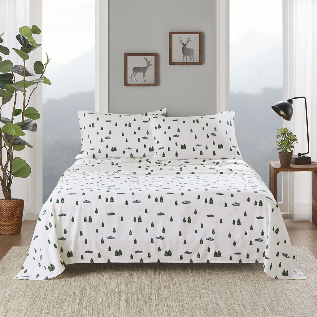 Flannel - 4 Piece King Sheet Set - Green Trees & Trucks