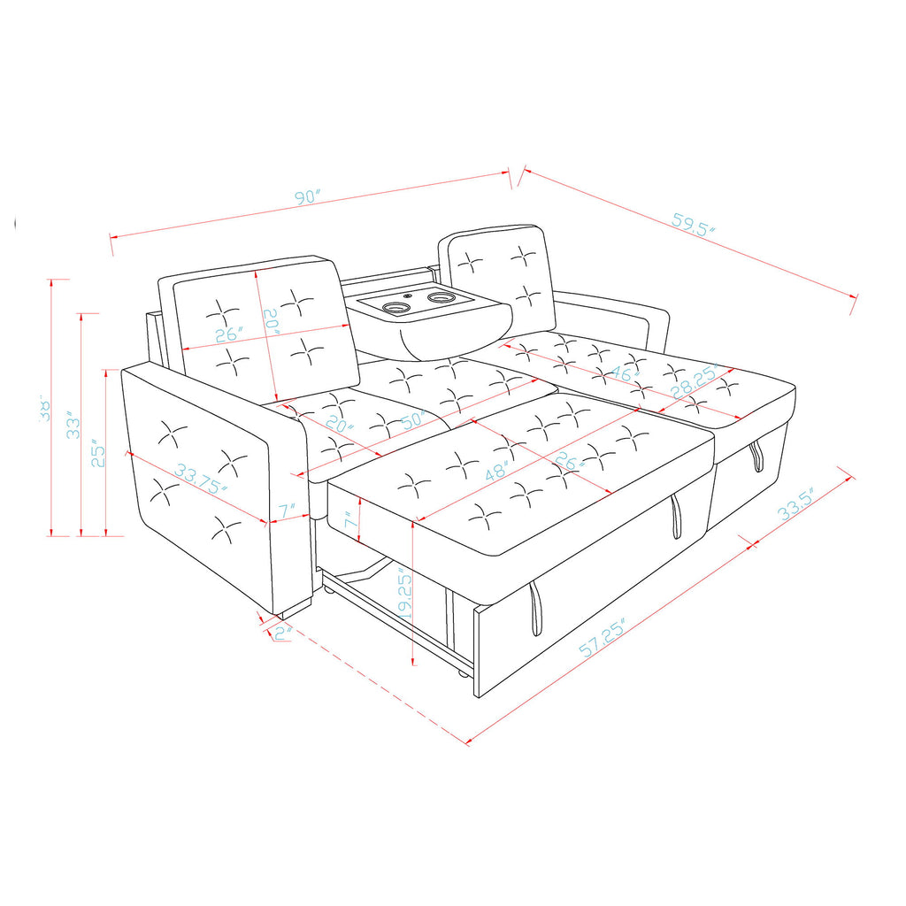 Gustavo - Sofa, Pull Out Bed, Storage Chaise, USB And Cup Holders - Beige