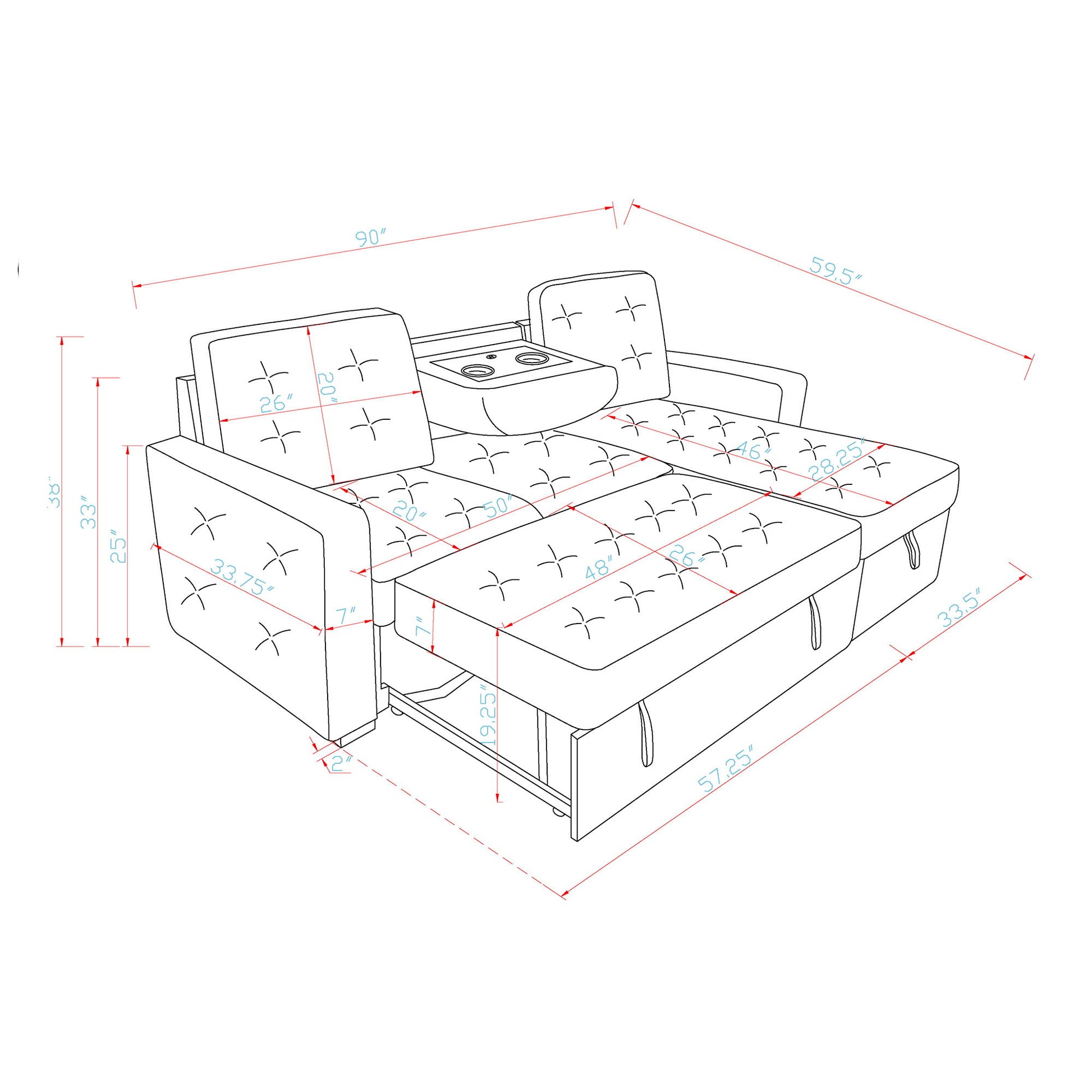 Gustavo - Sofa, Pull Out Bed, Storage Chaise, USB And Cup Holders - Beige