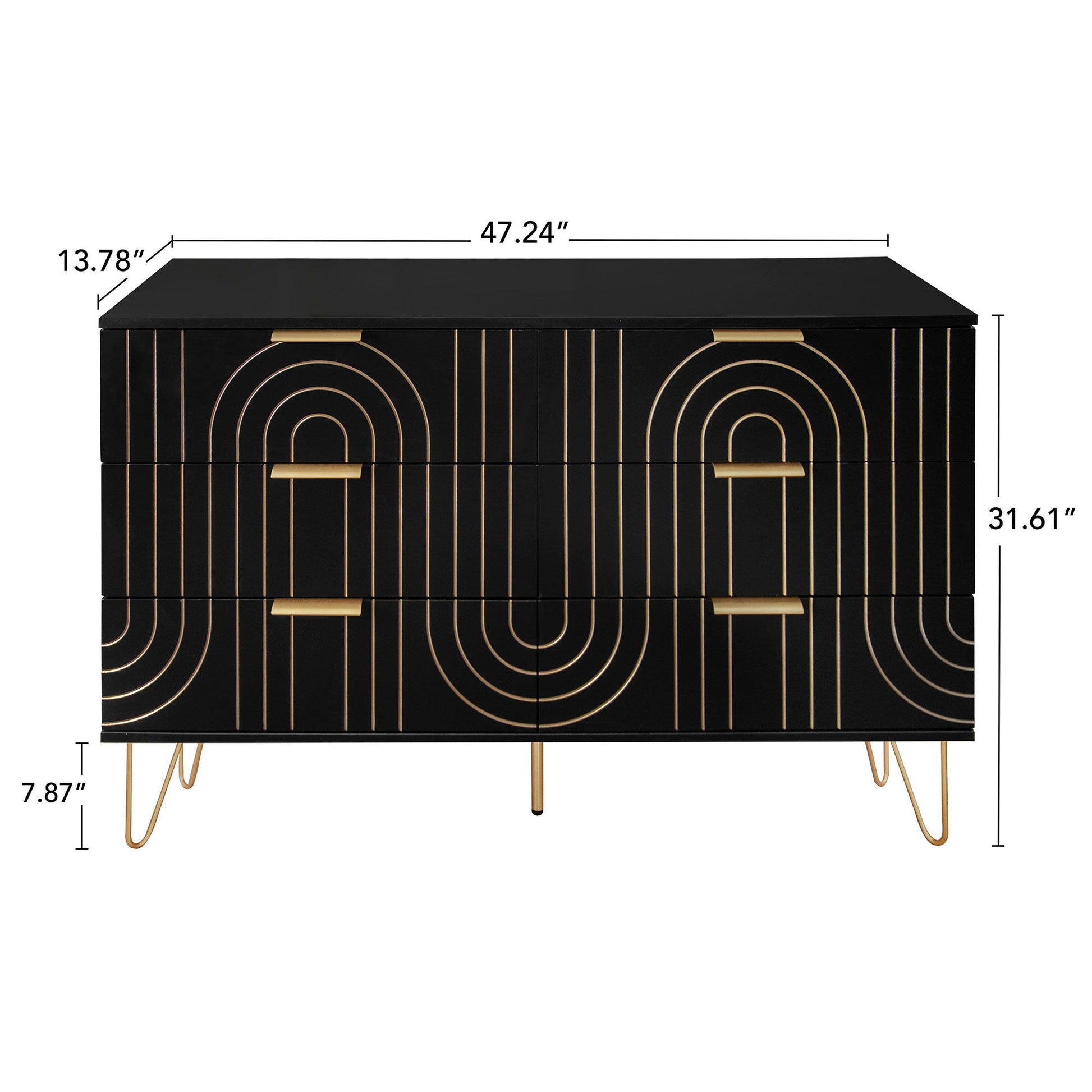 Modern 6 Drawer Dresser, Modern Dresser With Metal Handles, Storage Chest Of Drawer, Wide Dresser Drawer Organizers With Carving Design For Bedroom, Living Room, Hallway - Black