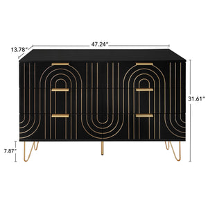 Modern 6 Drawer Dresser, Modern Dresser With Metal Handles, Storage Chest Of Drawer, Wide Dresser Drawer Organizers With Carving Design For Bedroom, Living Room, Hallway - Black