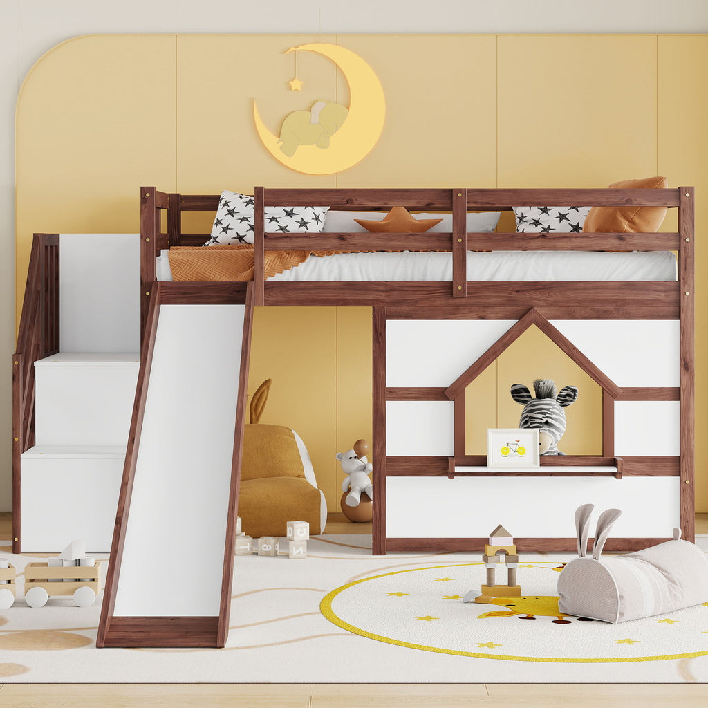 Loft Bed With Storage Stairs, Slide, Playhouse Window And 7 Colors LED Lights