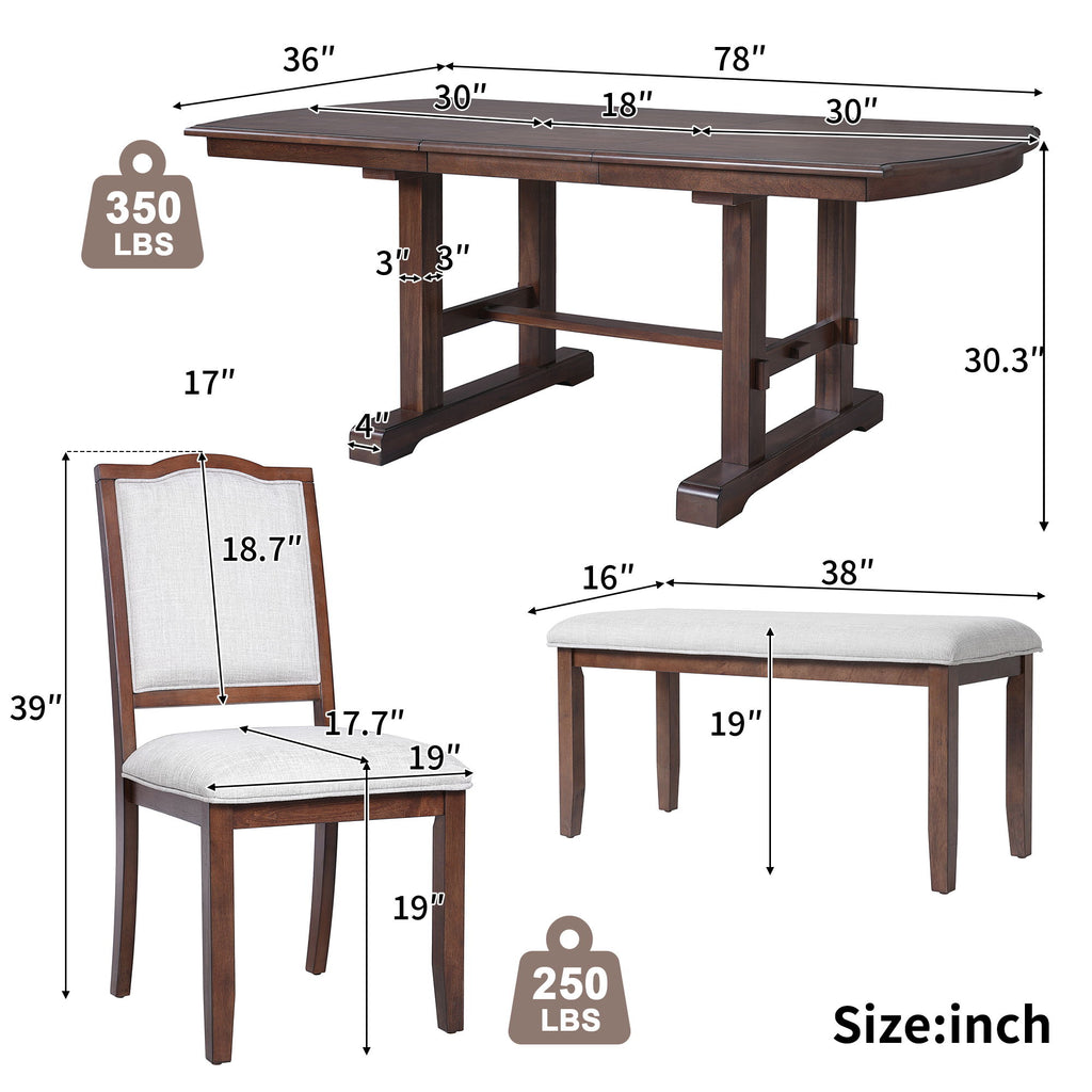 6 Piece Extendable Dining Table Set, Wood Table With Removable Leaf, 4 Upholstered Chairs And Bench - Cherry