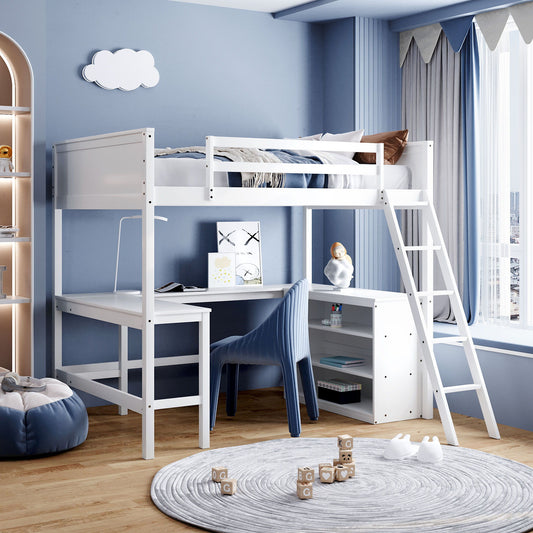 Gewnee - Full Loft Bed With Shelves And Desk - White