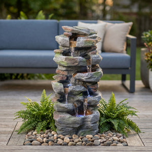 Rock Waterfall Outdoor Fountain With LED Lights - Gray