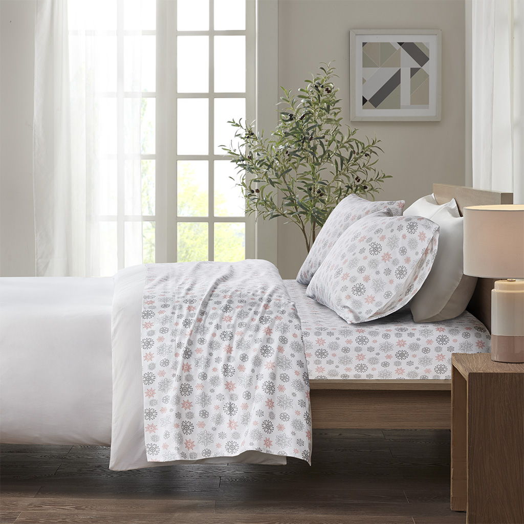 Cozy Flannel - Queen Sheet Set - Pink / Gray Snowflakes