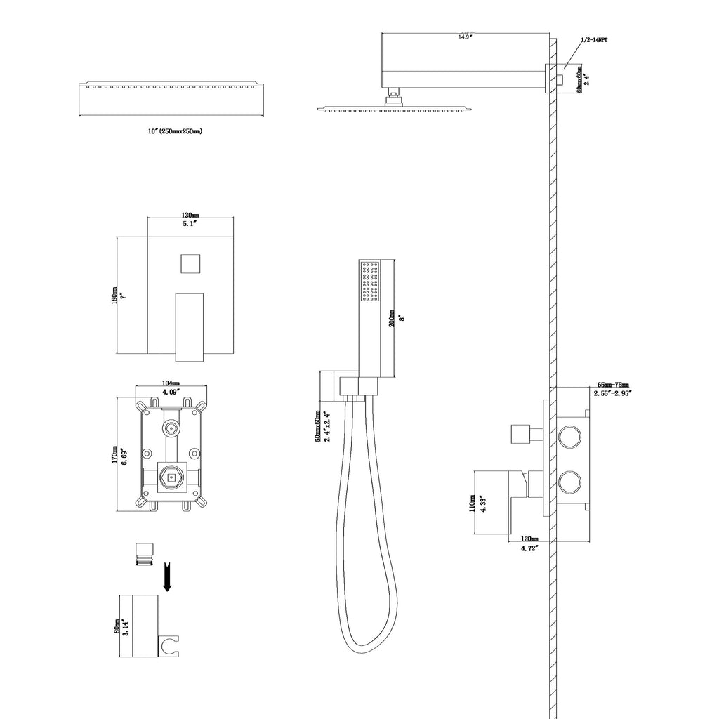 Dual Shower Head 10" Wall Mounted Square Shower System