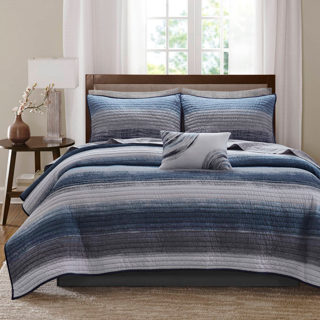 Saben - Queen 8 Piece Quilt Set With Bed Sheets - Navy