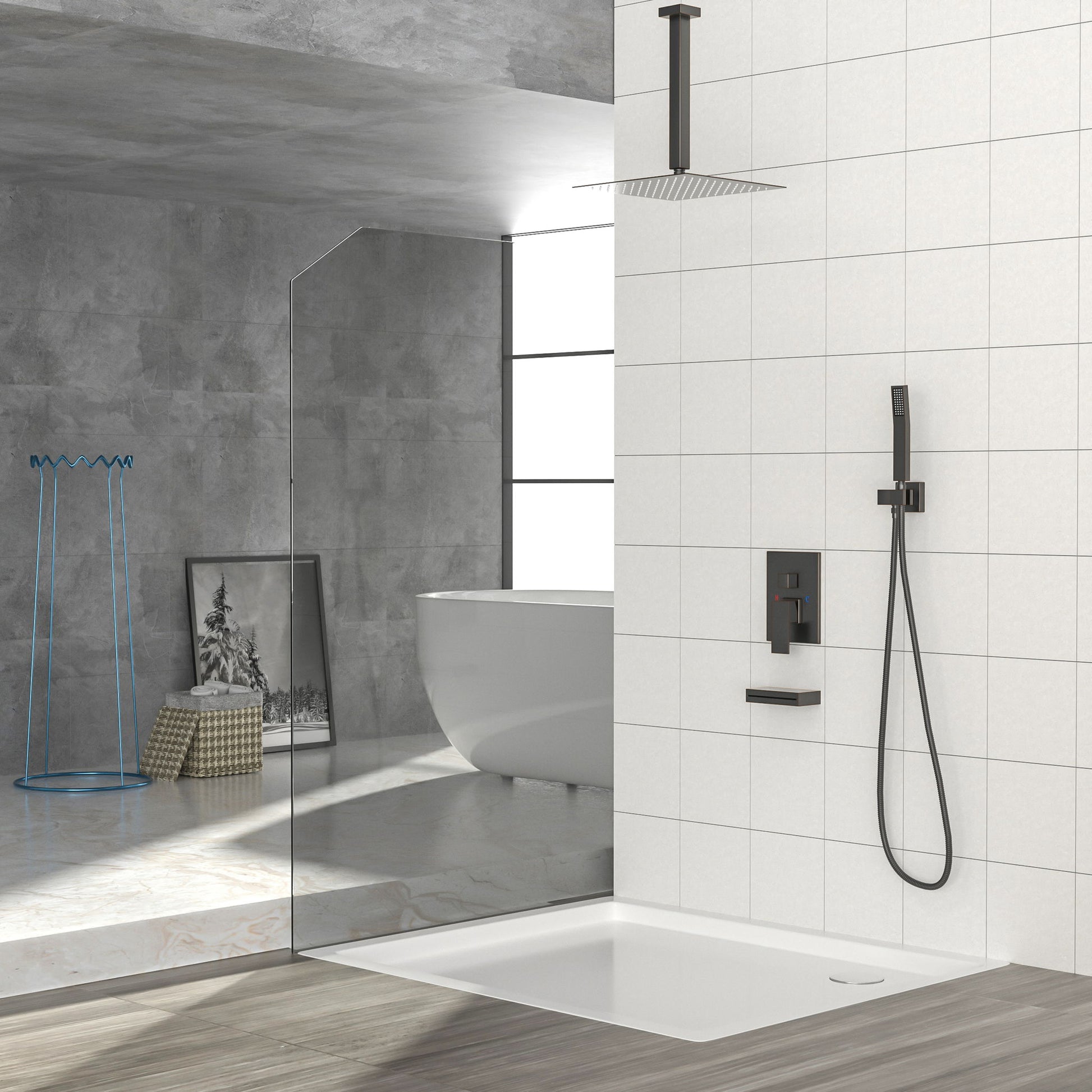 Shower System With Waterfall Tub Spout And 12" Ceiling Mount Square Shower Head - Oil-Rubbed Bronze