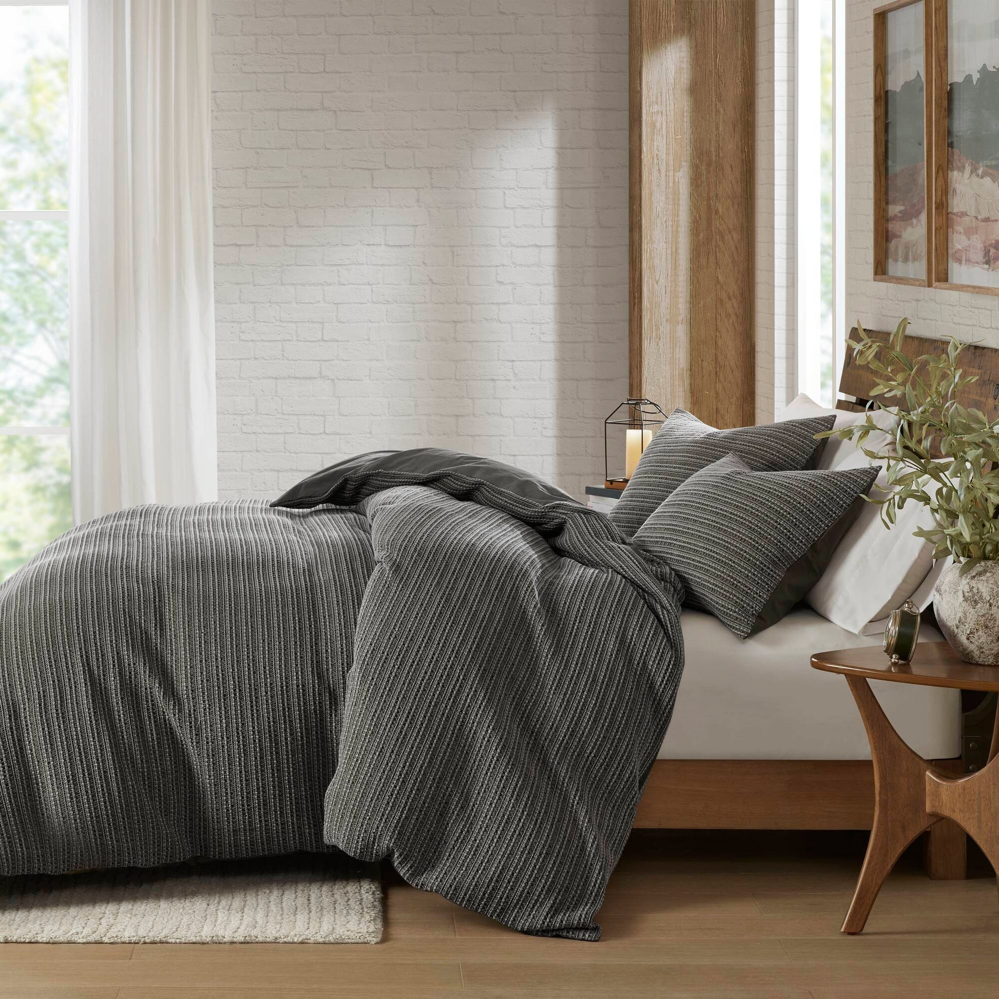 Lyon - 3 Piece King/California King Waffle Washed Duvet Set - Charcoal