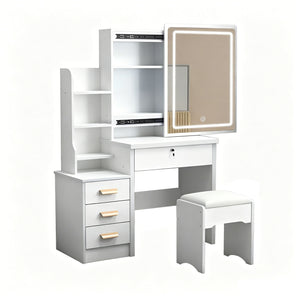 Vanity Desk With Mirror And Lights For Makeup And Chair Set With 3 Adjustable LED Lighting, 4 Drawers - White