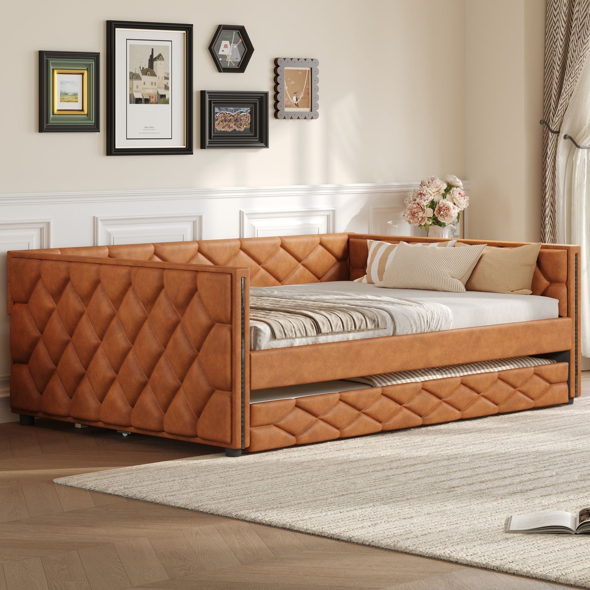Upholstered Full Long Daybed With Trundle And LED Armrests - Brown