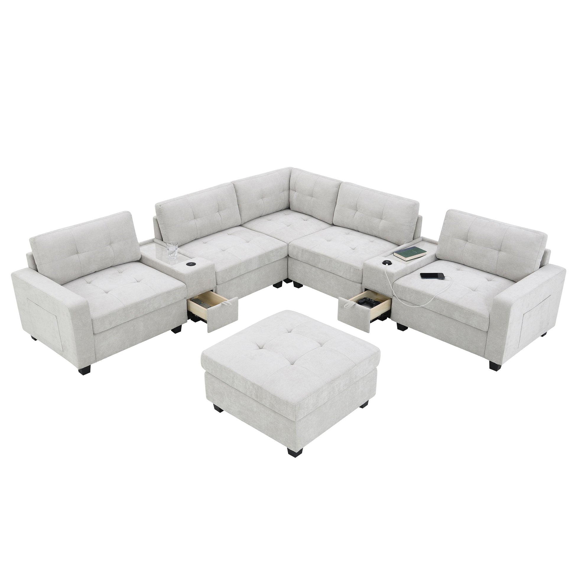 Sectional With Acrylic Table Top U Shaped Couch Set With 2 Consoles USB Charger, Storage Drawers And Pockets Movable Ottoman Tufted Sofa