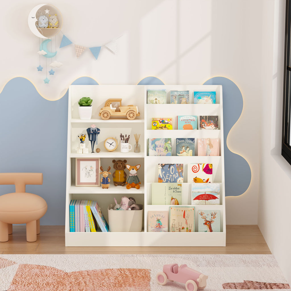 Bookshelf And Toy Storage Organizer, Multifunctional 4 Tier Bookcase With Toy Bin - White