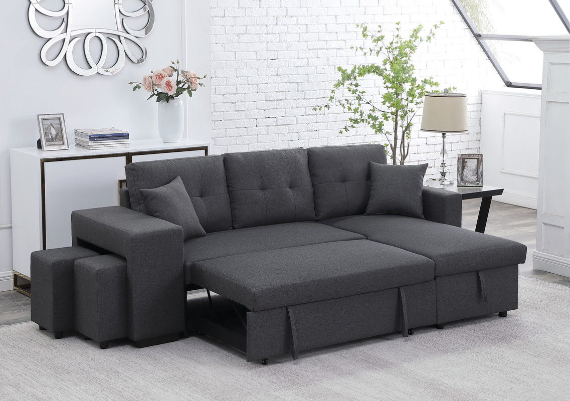 Dennis - Linen Fabric Reversible Sleeper Sectional With Storage Chaise And 2 Stools