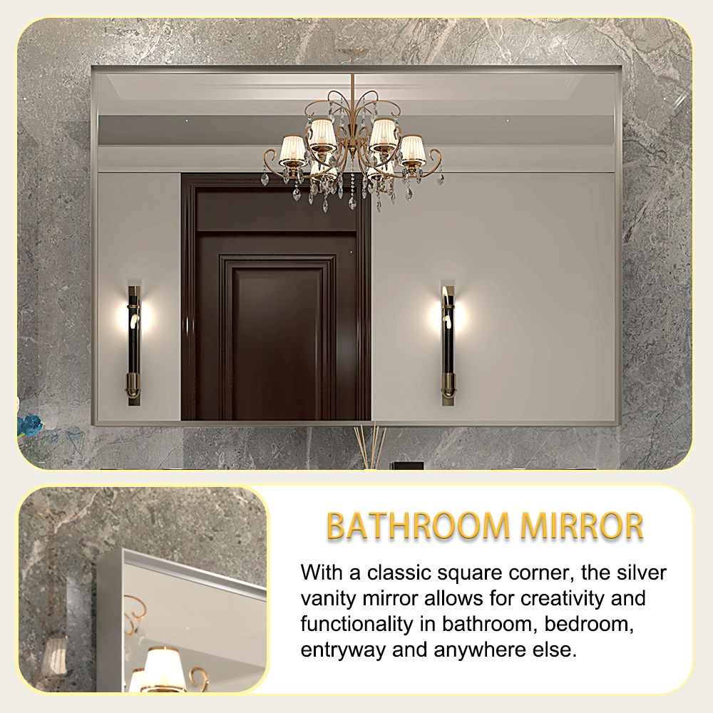 Glossy Framed Mirror For Bathroom Rectangular Wall Bathroom Mirror Metal Frame Farmhouse Mirror Large Decorative Square Corner Rectangle Mirror (Horizontal & Vertical) - Silver