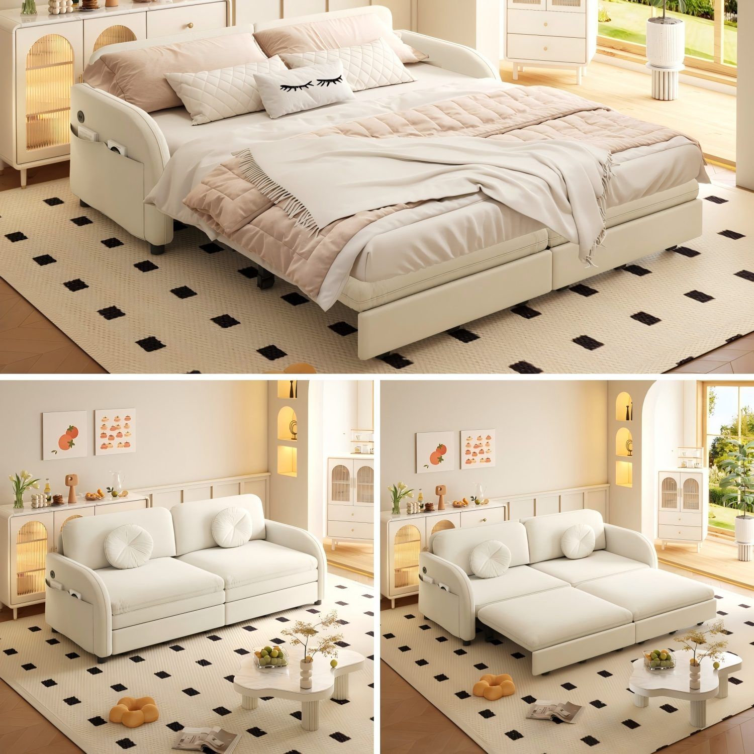 Upholstered Pull Out Couch With Side Pocket & USB Port