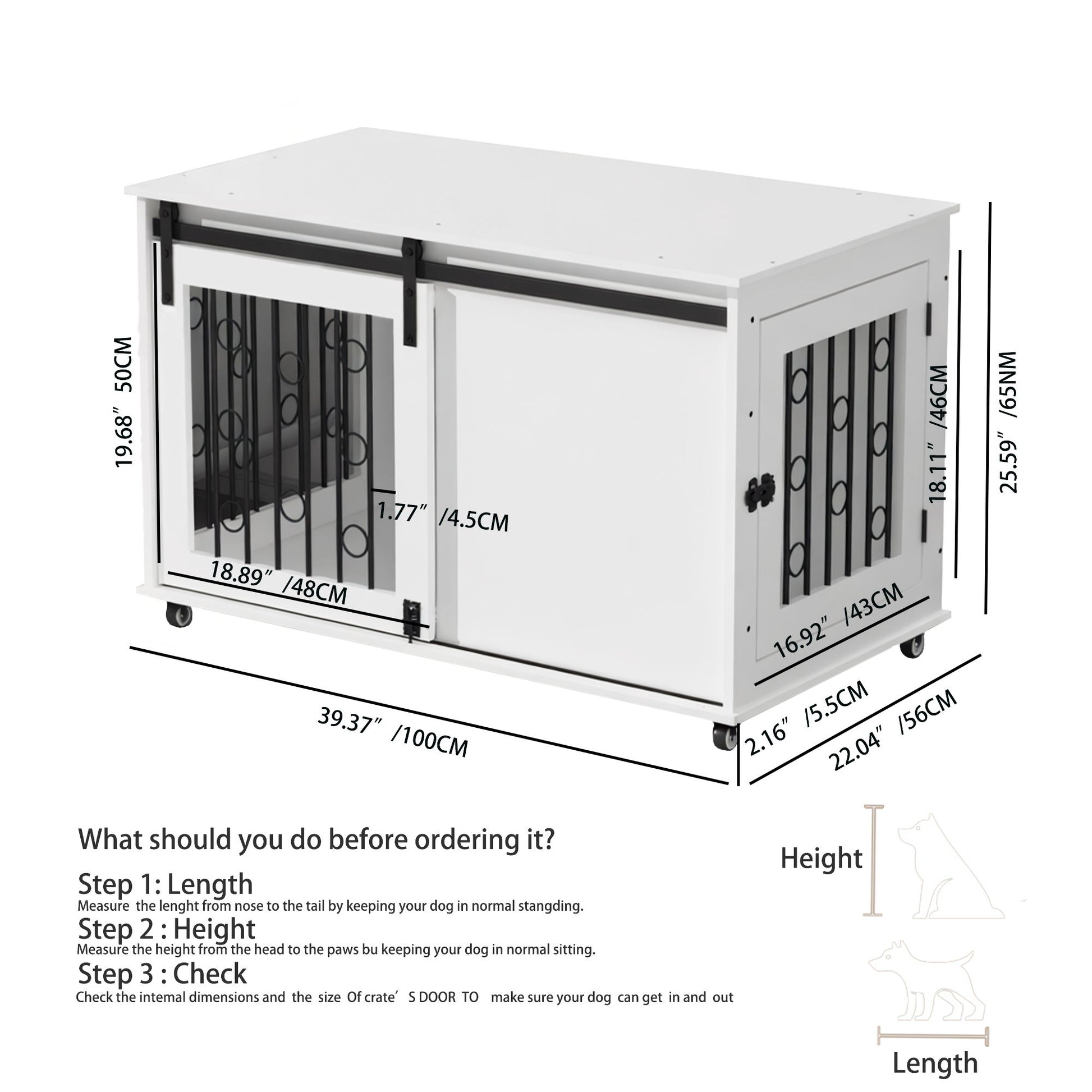 Dog Crate With Sliding Barn Door And Side Access, Lockable Wheels For Small To Medium Dogs - White