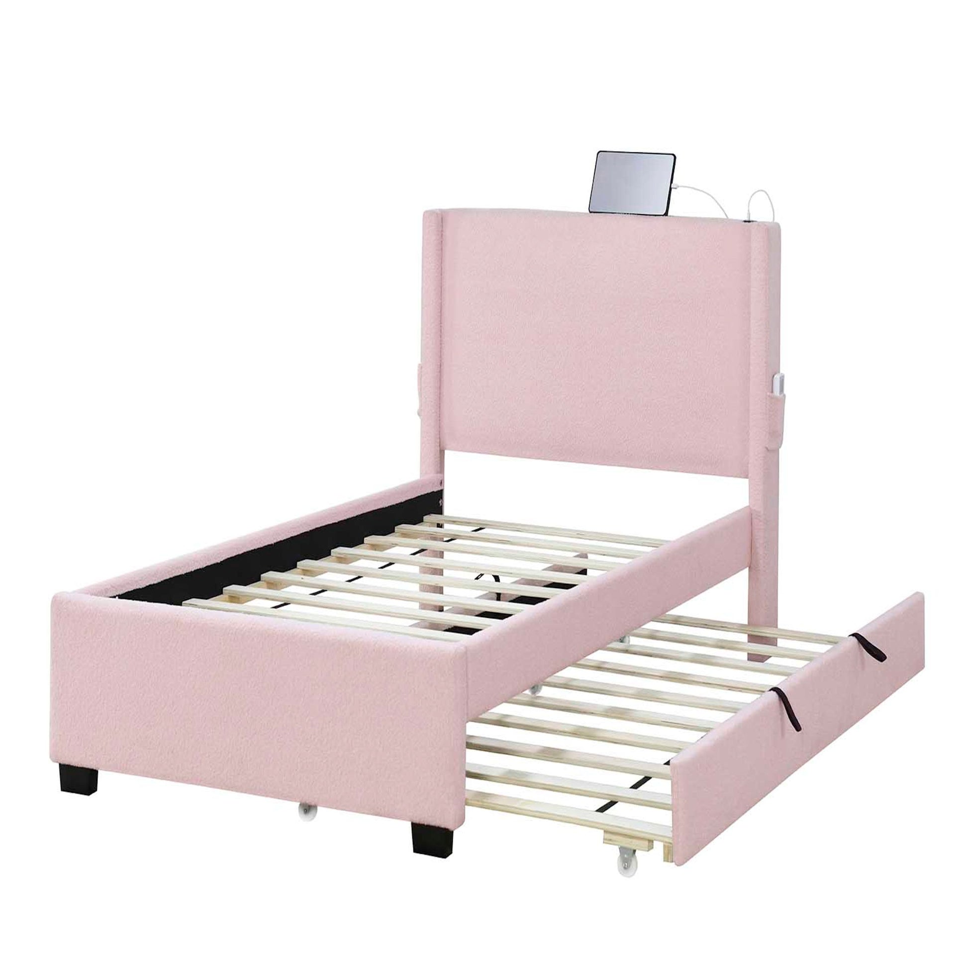 Twin Size Upholstered Bed Frame With Trundle Bed, Teddy Fabric, USB Functionality, And A Pocket Design On The Side Of The Headboard For Storing Small Items - Baby Pink