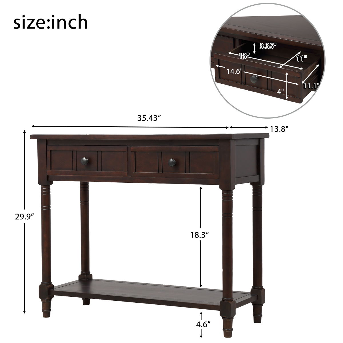 Hearth & Haven Emily Daisy - Console Table With 2 Drawers And Bottom Shelf - Espresso
