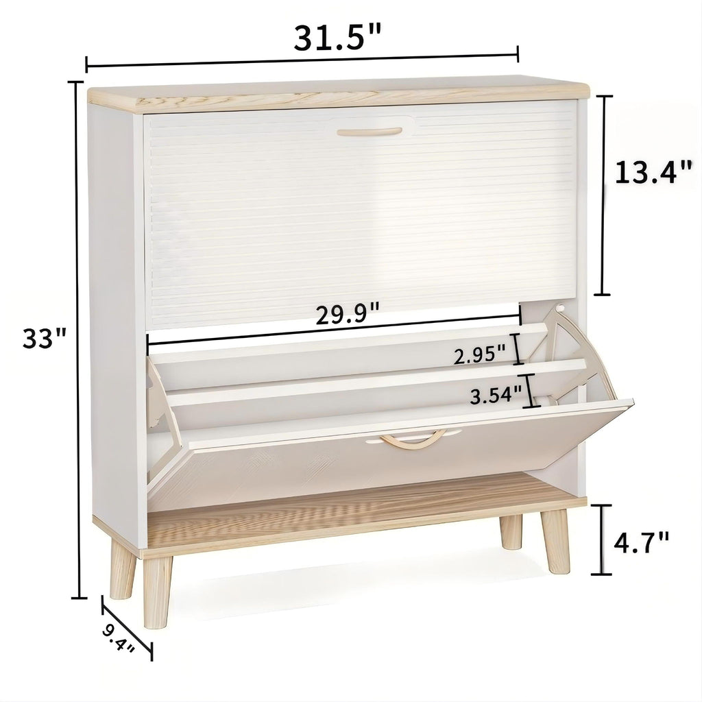 Narrow - Entryway Shoe Storage Cabinet With 2 Flip Drawers Legs - Natural / White