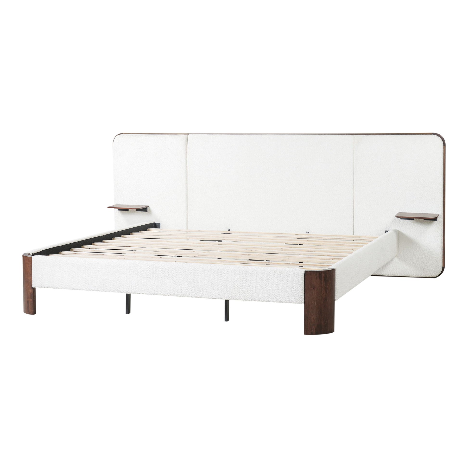 King Upholstered Platform Bed Frame With Curved Headboard, Built-In Floating Shelves, Wood Slats And Metal Support - White & Brown
