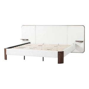 King Upholstered Platform Bed Frame With Curved Headboard, Built-In Floating Shelves, Wood Slats And Metal Support - White & Brown
