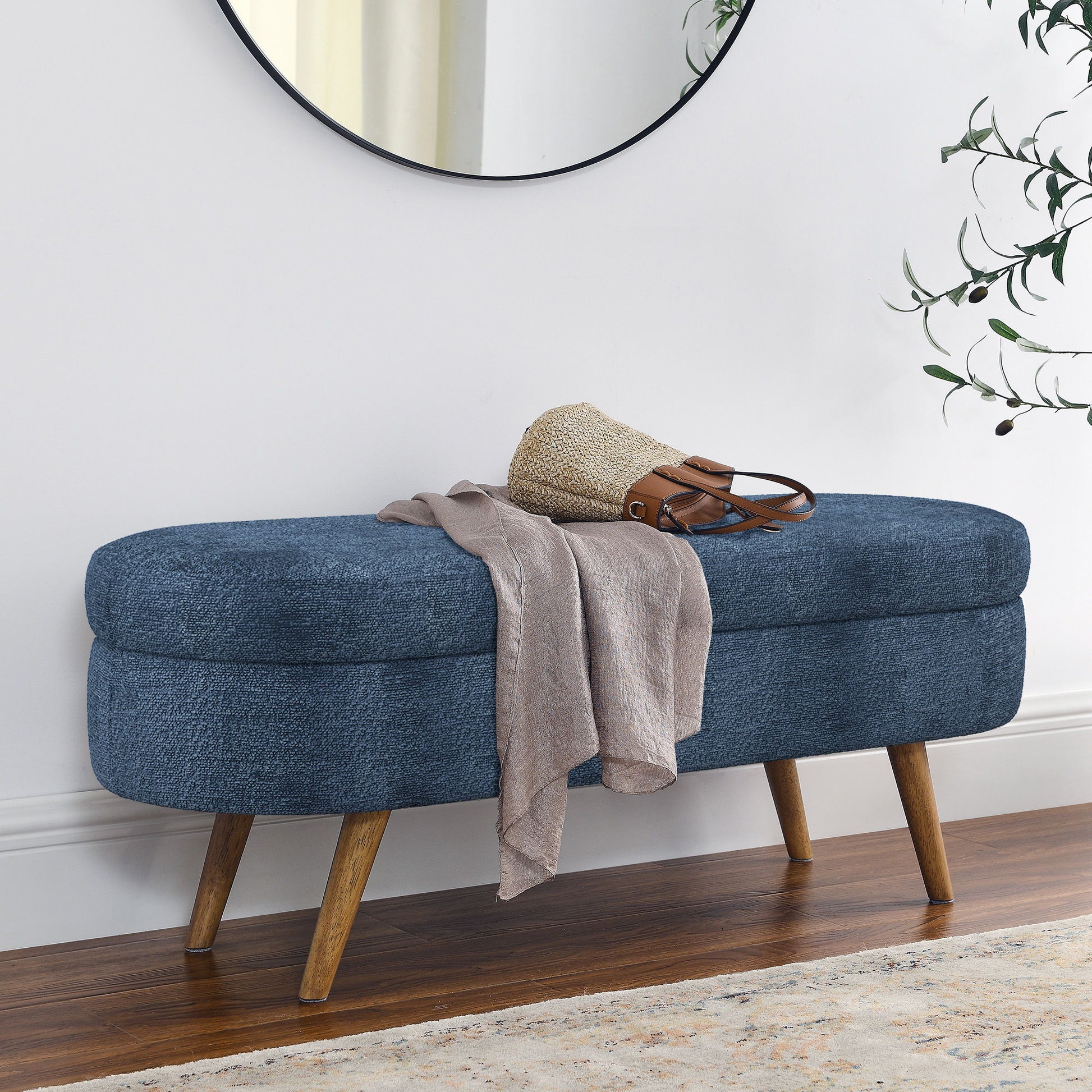 Modern Ottoman Oval Storage Bench With Rubber Wood Legs