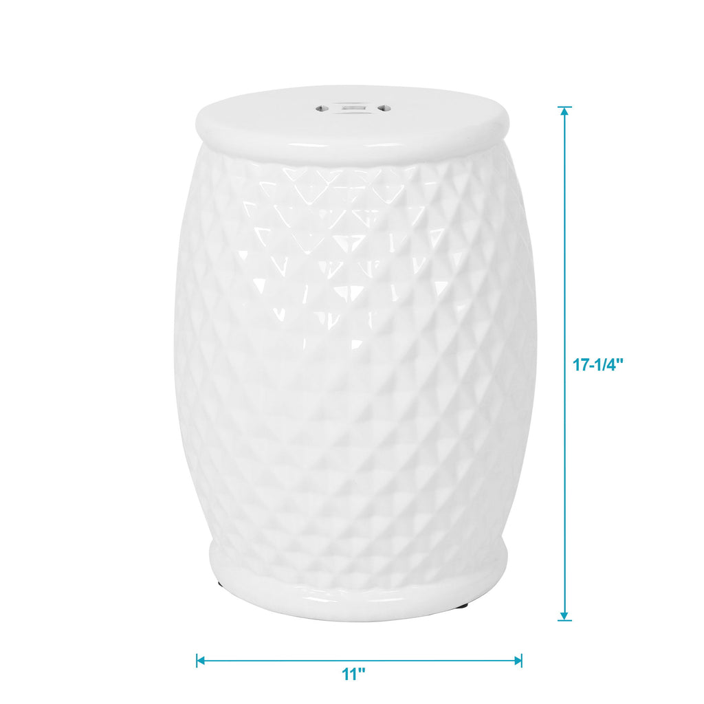 Glazed Ceramic Drum Stool Indoor / Outdoor Side Table Ceramic - White