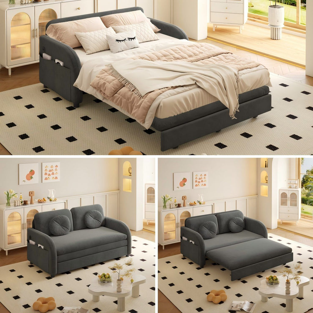 Upholstered Pull Out Couch With Side Pocket & USB Port