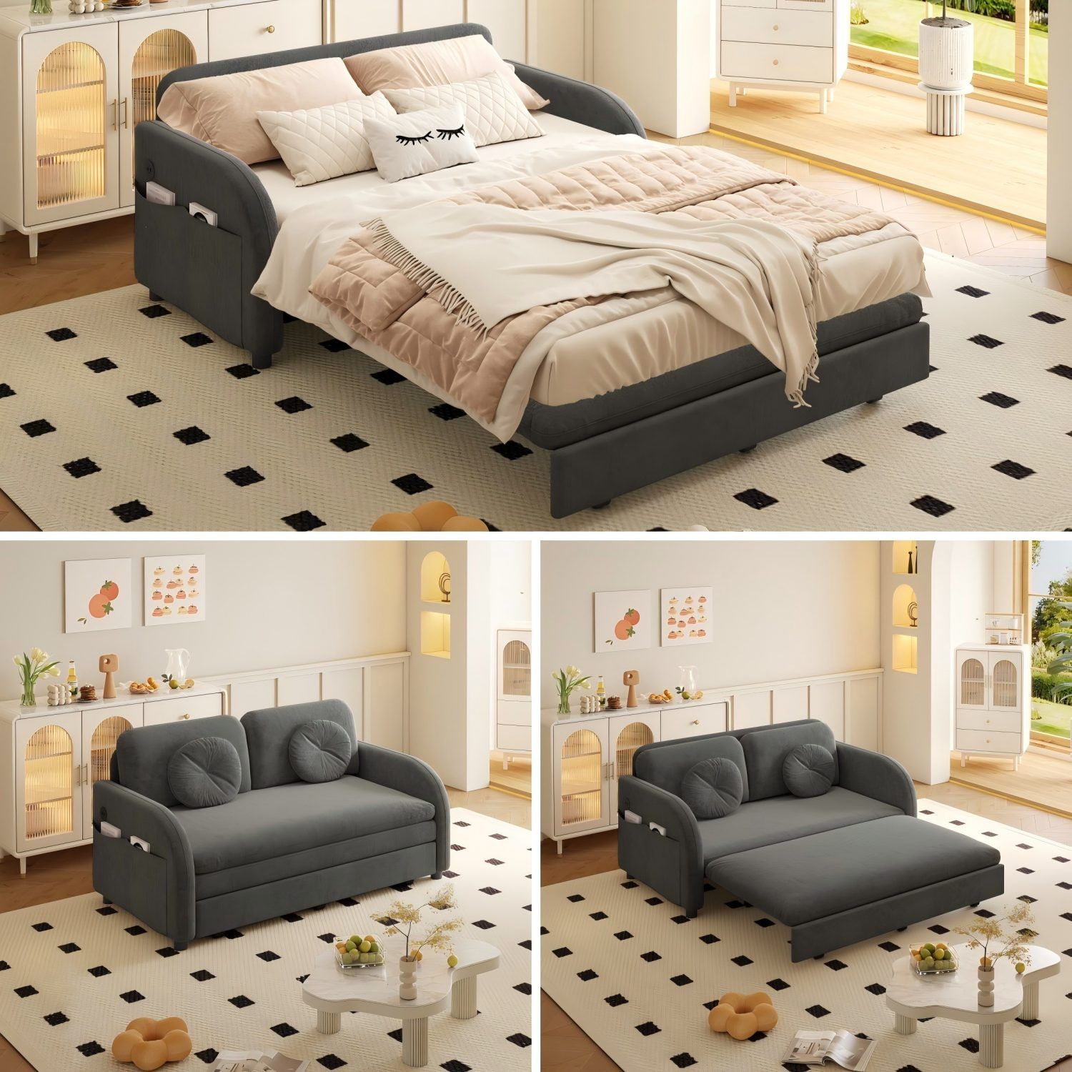 Upholstered Pull Out Couch With Side Pocket & USB Port