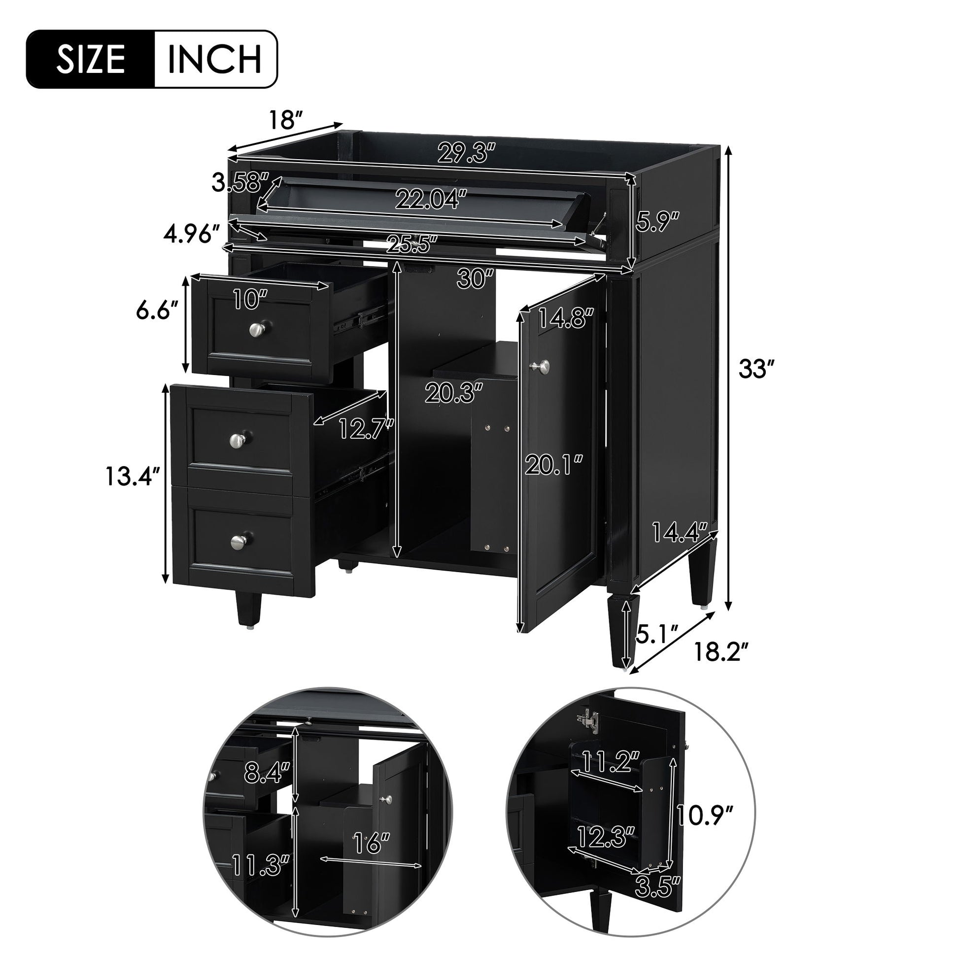 Bathroom Vanity With 2 Drawers And Tip-Out Drawer, Storage Cabinet
