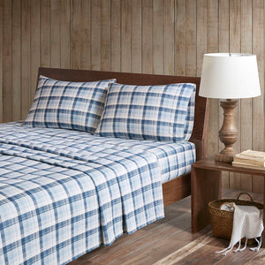 Flannel - Queen Sheet Set Cotton - Blue Plaid